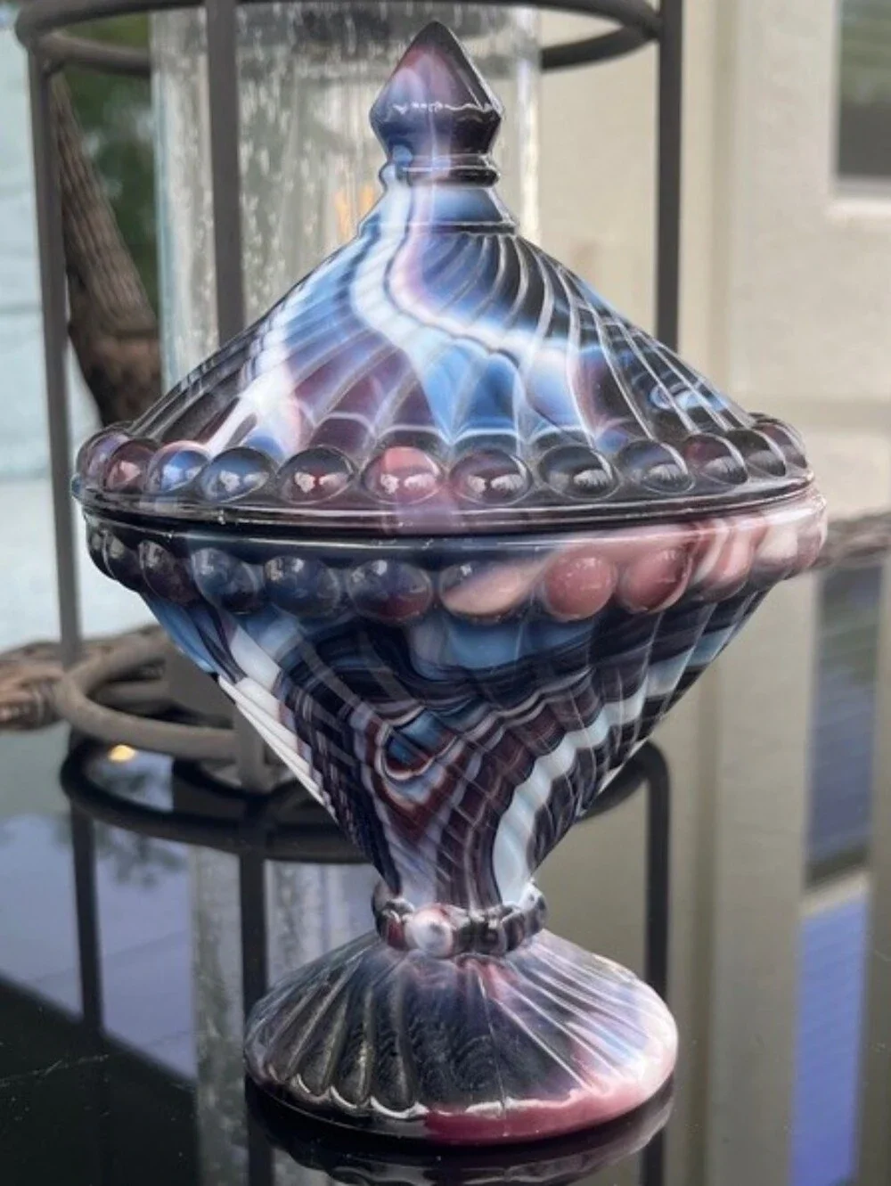 Westmoreland Swirl & Ball Purple & White Slag Glass Covered Candy Dish EUC
